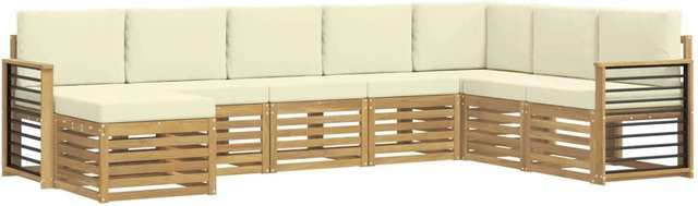 vidaXL Outdoor-Sofagarnitur 8-teilig in L-Form aus Akazienholz mit Polstern, Weiß und Beige, B/T/H: 306 x 187,5 x 73 cm - Bild 1