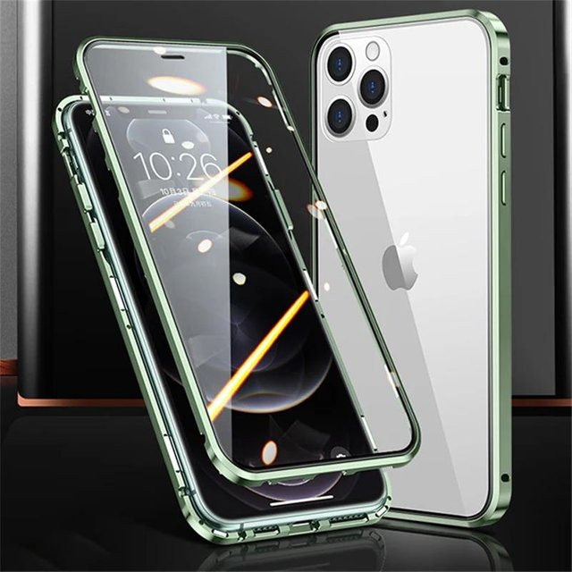 Razzle 360 Magnetische Metallhülle für iPhone 11 Pro bis iPhone 16 Pro Max, Doppelseitige Telefonabdeckung aus gehärtetem Glas in Transparent und Grün - Bild 1