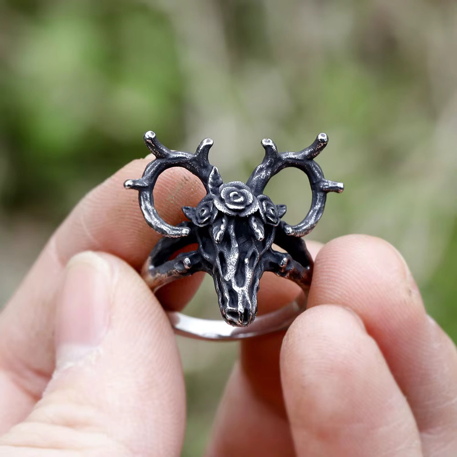 Sika Hirschkopf Tier Ring, Edelstahl, Silber, Unisex, Vintage - Bild 4