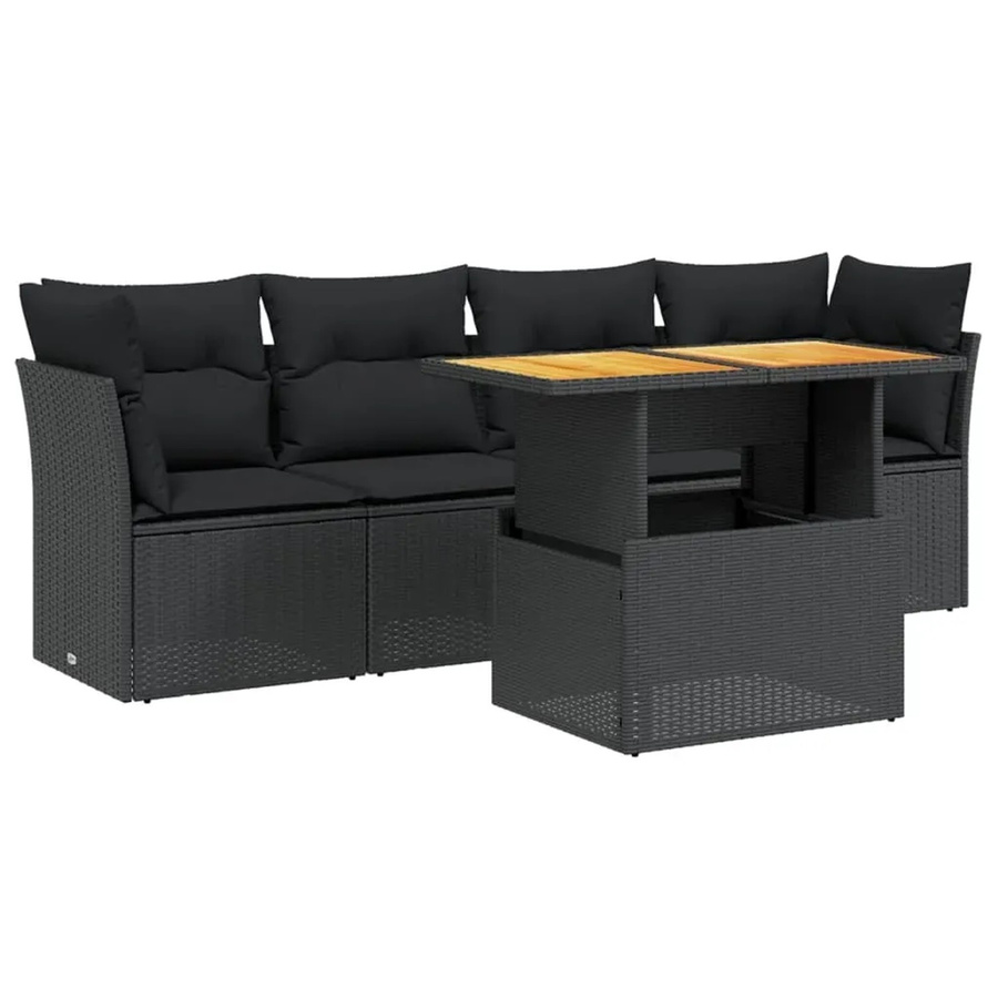 vidaXL 5-teilige Garten-Sofagarnitur in L-Form aus Polyrattan und Akazienholz mit Kissen in Schwarz - Bild 2