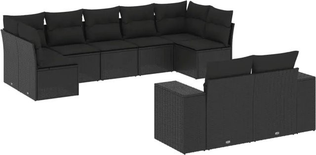 vidaXL 9-tlg. Garten-Sofagarnitur in L-Form aus Poly-Rattan in Schwarz mit Sitzkissen und Stauraum - Bild 1