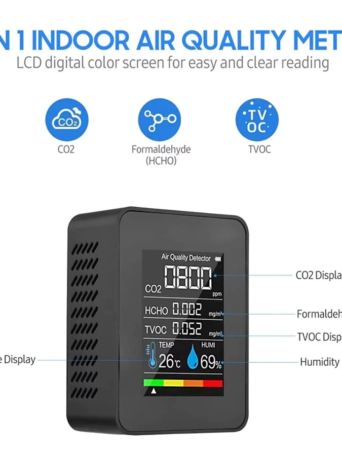 HOMEFISH 5-in-1 Luftqualitätsmonitor in Schwarz: Digitales Messgerät für Temperatur, Feuchtigkeit, CO2, TVOC und HCHO - Bild 7