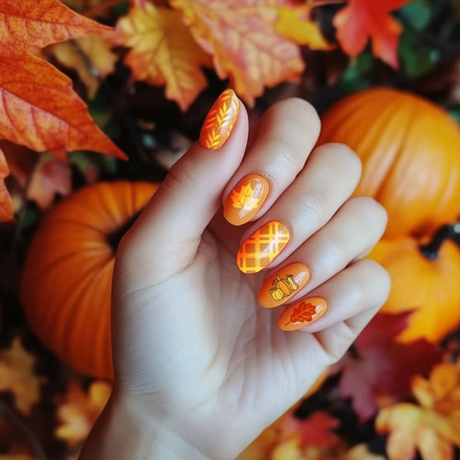 3er-Set Nagelstempelplatten aus Edelstahl mit 88 Herbstmotiven wie Blättern und Kürbissen in Silber - Bild 2
