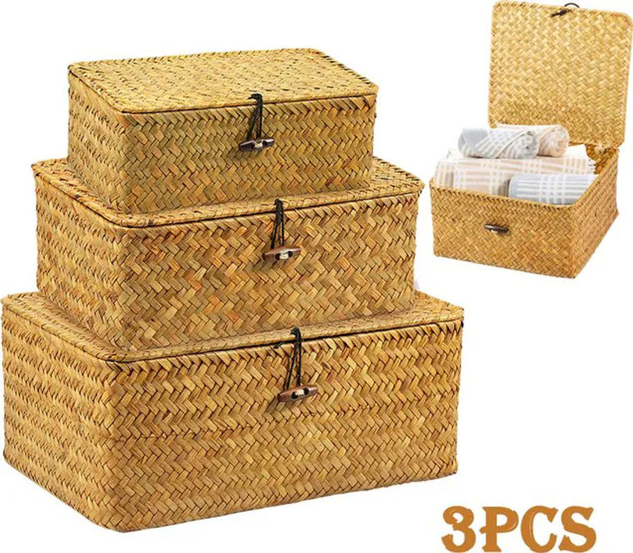 3-teiliges Set handgewebte Aufbewahrungskörbe aus Rattan in Beige im Vintage-Design mit Deckel und rechteckiger Form - Bild 1