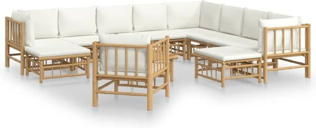 vidaXL 12-tlg Garten-Lounge-Set aus Bambus mit cremeweißen Polstern in Braun und Weiß - Bild 1