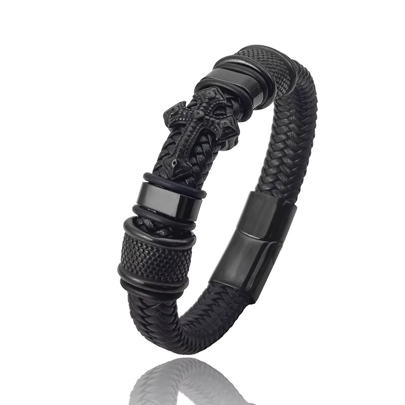 jiangmingao Armband, Leder, Edelstahl, Schwarz, Herren - Bild 3