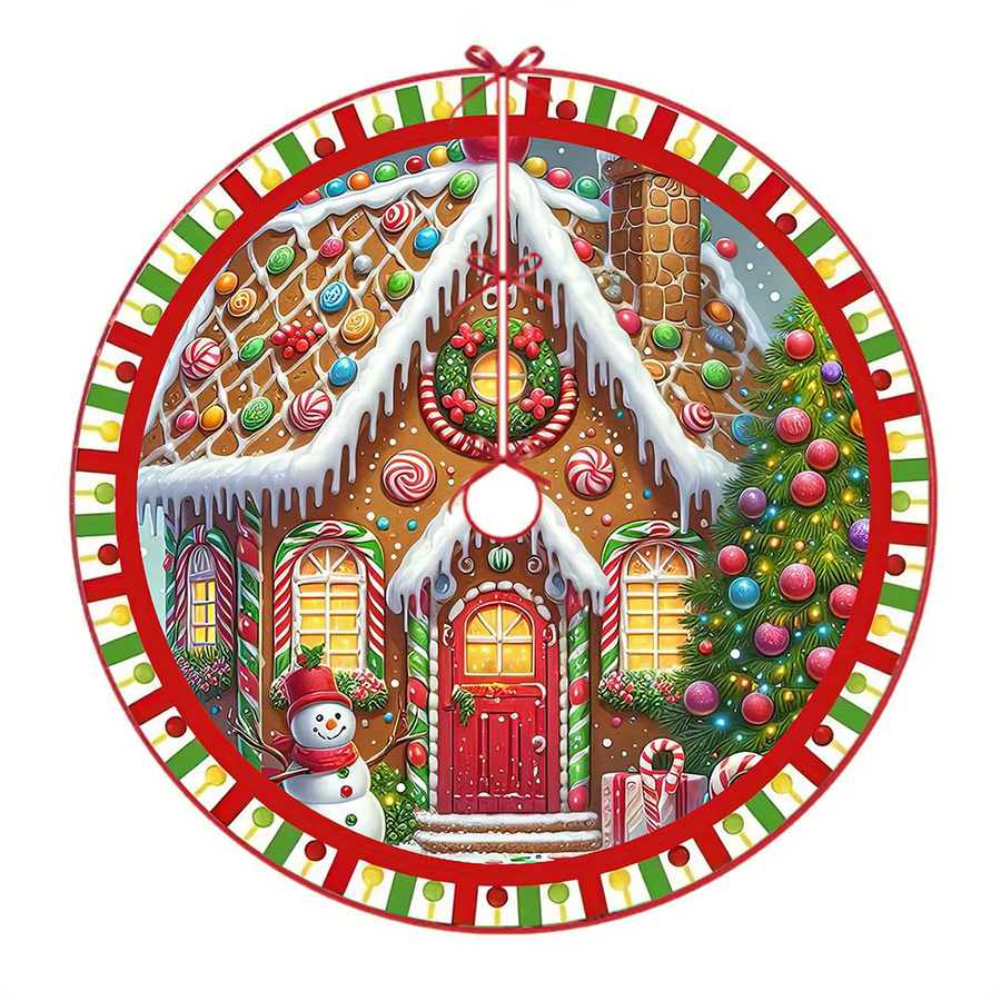 VIKAMA Weihnachtsbaum Rock Kissen mit Cartoon Lebkuchenhaus und Schneemann Motiv, Mehrfarbig, Rund - Bild 2
