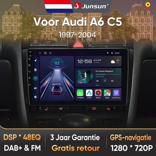 Junsun Android 13 Autoradio für Audi A6 C5 1997-2004 mit 9 Zoll Display, 4GB RAM, 64GB Speicher, GPS, Carplay, Bluetooth und Rückfahrkamera Unterstützung in Schwarz - Bild 1