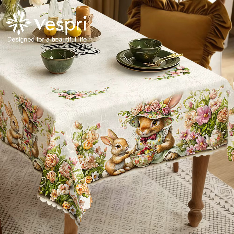 Vespri Oster-Tischdecke mit Blumen und Hasen in Weiß und Rosa aus Polyester für Partys und Feste - Bild 4