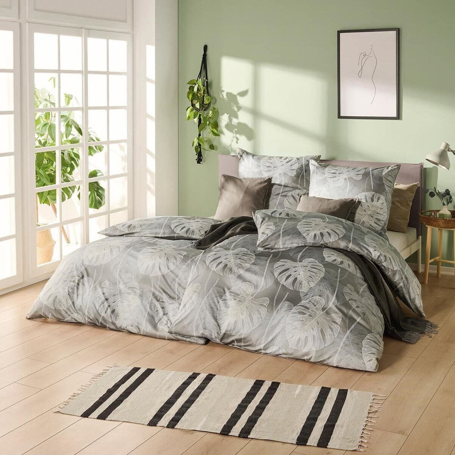 Estella Mako-Satin Bettwäsche Delicia beige silber Blätter aus gekämmter Baumwolle, B/H: 135 x 200 cm mit Kissenbezug 80 x 80 cm - Bild 1