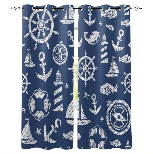 Super Six Vorhang Blau mit Anker Boot und Fisch Motiv, halbtransparentes Fensterdekoration Set für Wohnzimmer und Küche, Breite: 70 cm, Höhe: 100 cm, 2 Stück - Bild 1