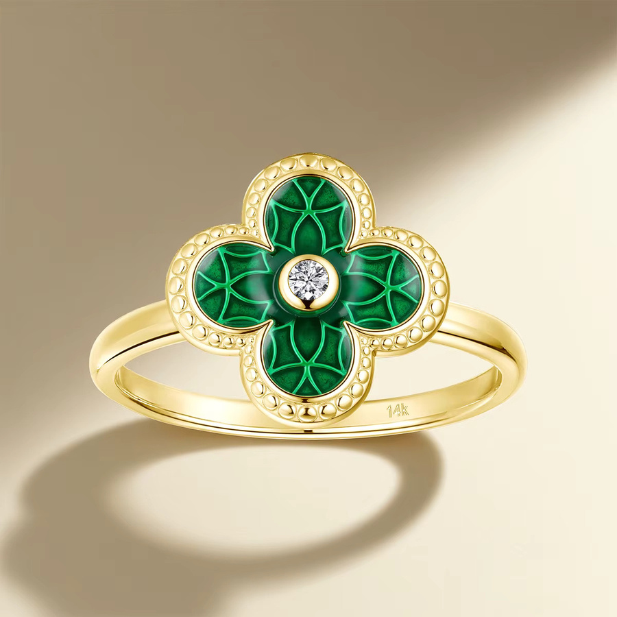 SDOOU Ring 585 Gold, Grüner Emaille, Zirkonia, Damen - Bild 4