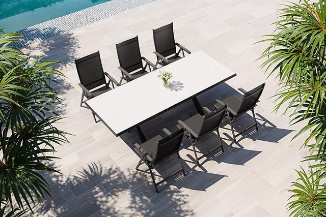 Kettler Garten-Essgruppe aus Aluminium, Steinimitat und Textilene in Schwarz, Grau und Anthrazit mit 6 Klappstühlen und ausziehbarer rechteckiger Tischplatte, B/T/H: 260 x 100 x 77,5 cm (ausziehbar auf 200 cm) - Bild 1