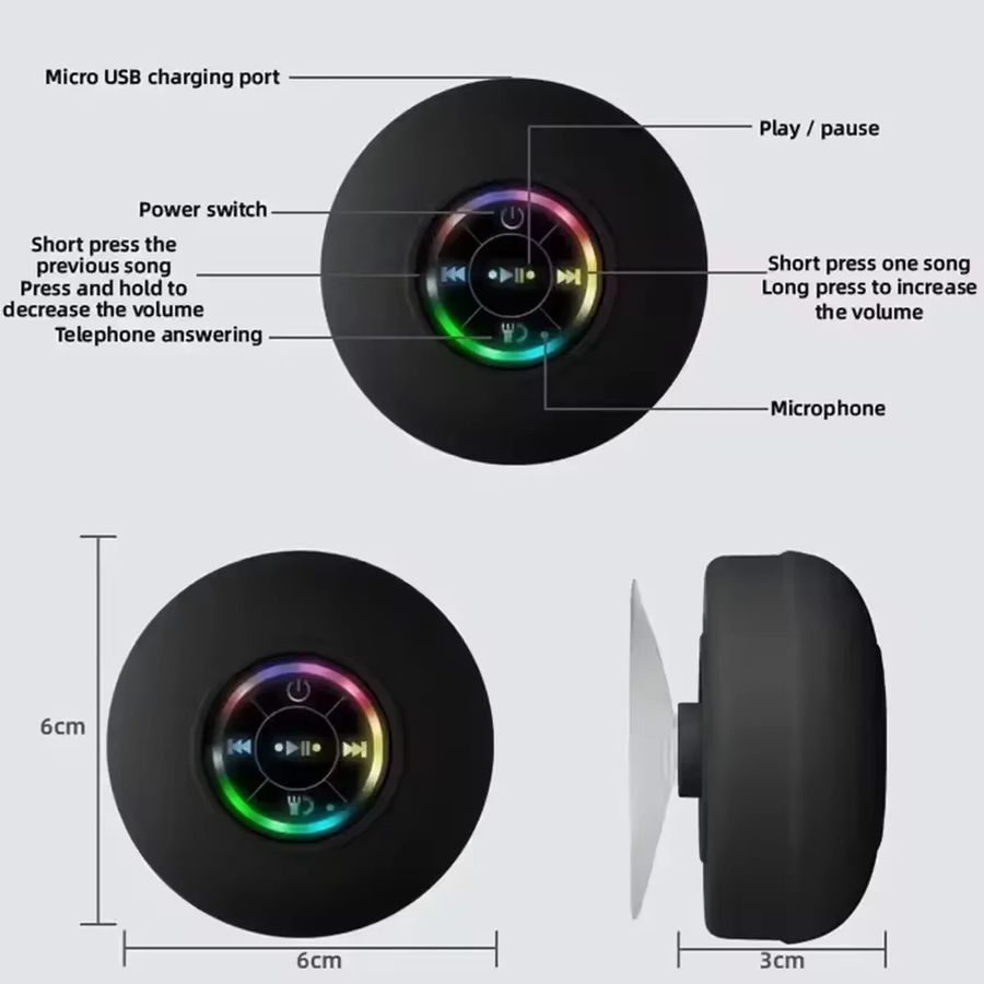 Tragbarer Bluetooth Lautsprecher mit LED-Beleuchtung und IPX4 Wasserdichtigkeit sowie Saugnapf zur Wandmontage für Badezimmer und Außenbereich - Bild 5