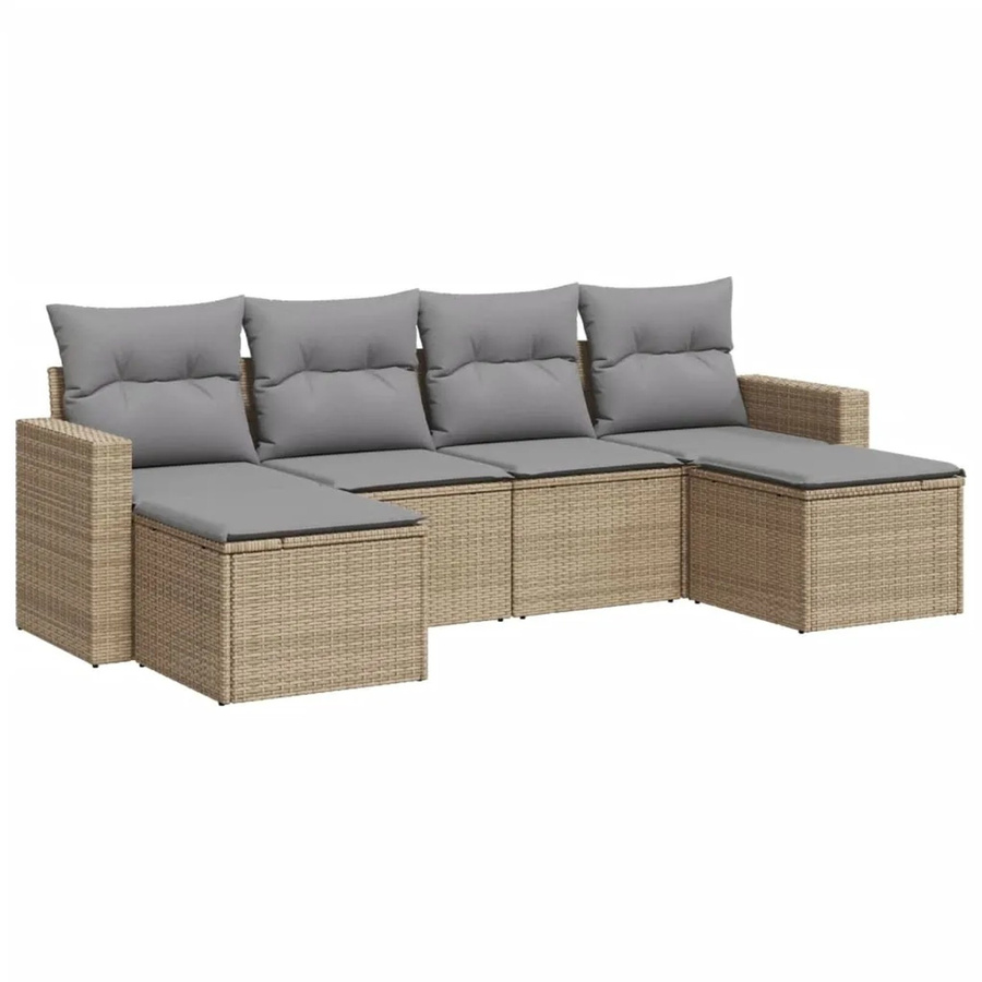 vidaXL 6-tlg Garten-Sofagarnitur in L-Form mit Polsterkissen und Ottoman, Beige/Grau, Poly-Rattan mit Metallgestell - Bild 2
