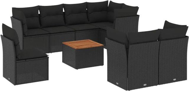 vidaXL 9-tlg. Garten-Sofagarnitur in U-Form aus Poly-Rattan in Schwarz mit Tisch und Kissen inklusive Stauraum - Bild 1