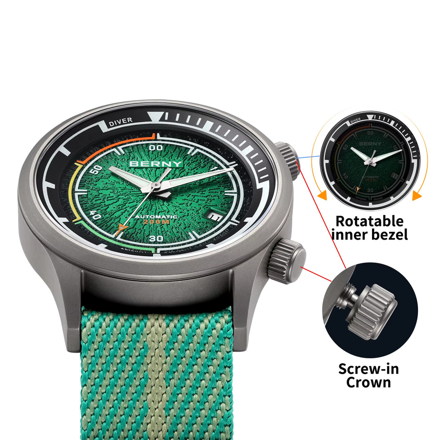 BERNY Herren-Taucheruhr, Titan, Automatik, Saphirglas, 20 ATM, Textil/NATO - Bild 3