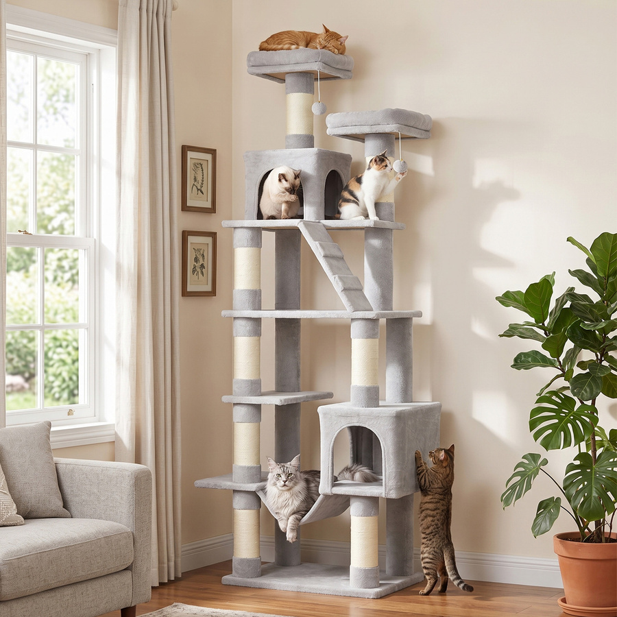 PawHut Kratzbaum Hellgrau mit Höhle, Hängematte und Spielbällen, großer mehrstöckiger Katzenbaum für 1–3 Katzen, Höhe: 204 cm - Bild 2