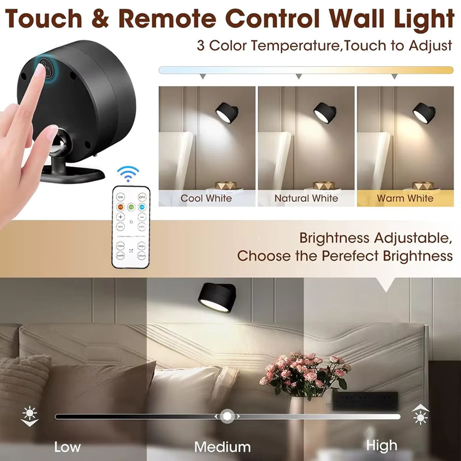 XIWANGFIRE Magnetische LED-Wandleuchte in Schwarz, dimmbar mit Fernbedienung und Touch-Funktion, 360 Grad rotierbare Bildleuchte und Nachtlampe mit wiederaufladbarem Akku - Bild 2