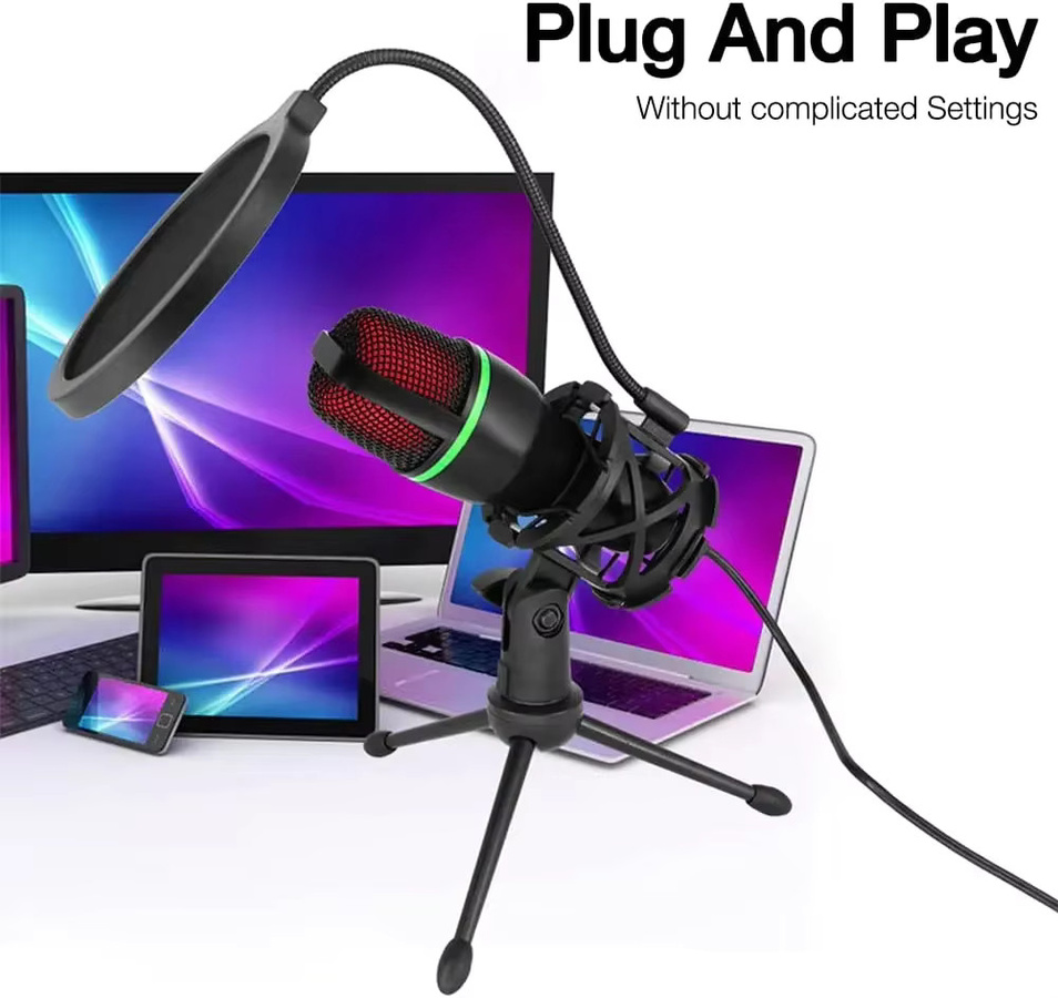 AyeBeau RGB Kondensatormikrofon USB für PC und Laptop, professionelles Gaming Zubehör Kit für Live-Streaming und Podcast, Schwarz/Multicolor, USB-C Anschluss - Bild 4