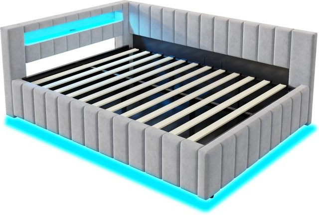 Merax Schlafsofa Hellgrau mit LED-Beleuchtung, USB-Anschluss und Stauraum B/T/H: 140 x 200 x 78 cm - Bild 1