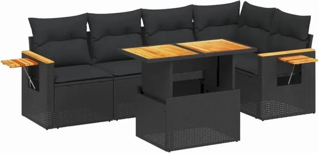 vidaXL 6-teilige Garten-Sofagarnitur in L-Form aus schwarzem Poly-Rattan mit Kissen und Akazienholz - Bild 1