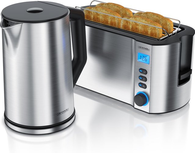 Arendo Frühstücksset 2-teilig bestehend aus MANHA 4-Scheiben Langschlitztoaster und Edelstahl Wasserkocher 1,5 l in Silber - Bild 1