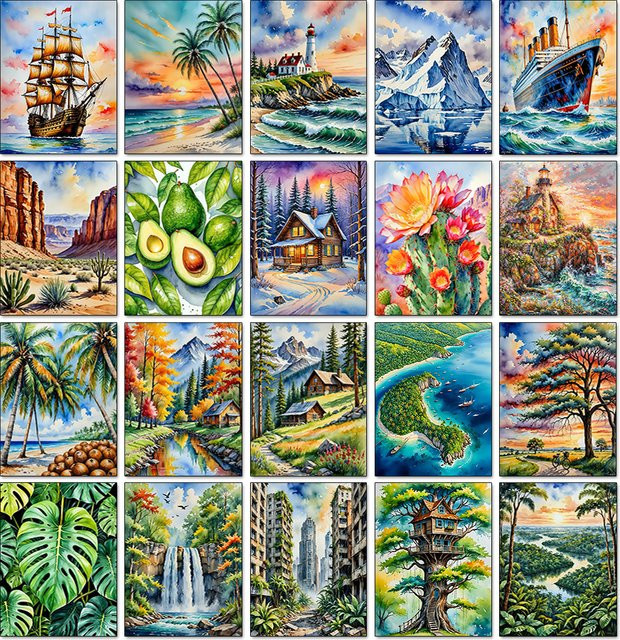 QIZITENG Diamantmalerei Set Aquarell Landschaft mit Pflanze und Segelboot als DIY Strass Mosaik Kreuzstich Kit in Multicolour - Bild 1