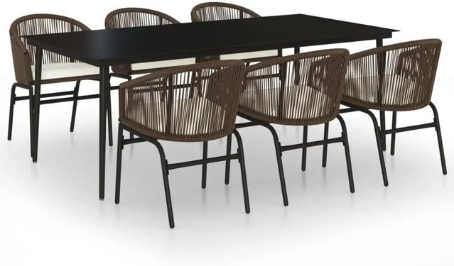 vidaXL 7-teilige Garten-Essgruppe aus PVC-Rattan und pulverbeschichtetem Stahl in Braun mit gehärtetem Glas und wetterfesten Kissen - Bild 1