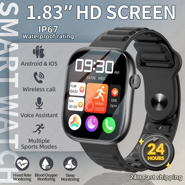 LIGE Smartwatch mit Bluetooth-Anruffunktion, 1,83 Zoll HD-Großbildschirm, Sport-Fitness-Smartwatch mit Herzfrequenzmesser, Schwarz - Bild 1