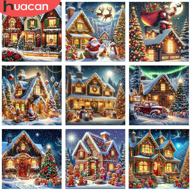 HUACAN Diamantmosaik Set mit Weihnachtsmann und Winterhaus, Volldiamantgemälde in Multicolour, Rund-Bohrer für deine Wanddekoration - Bild 1