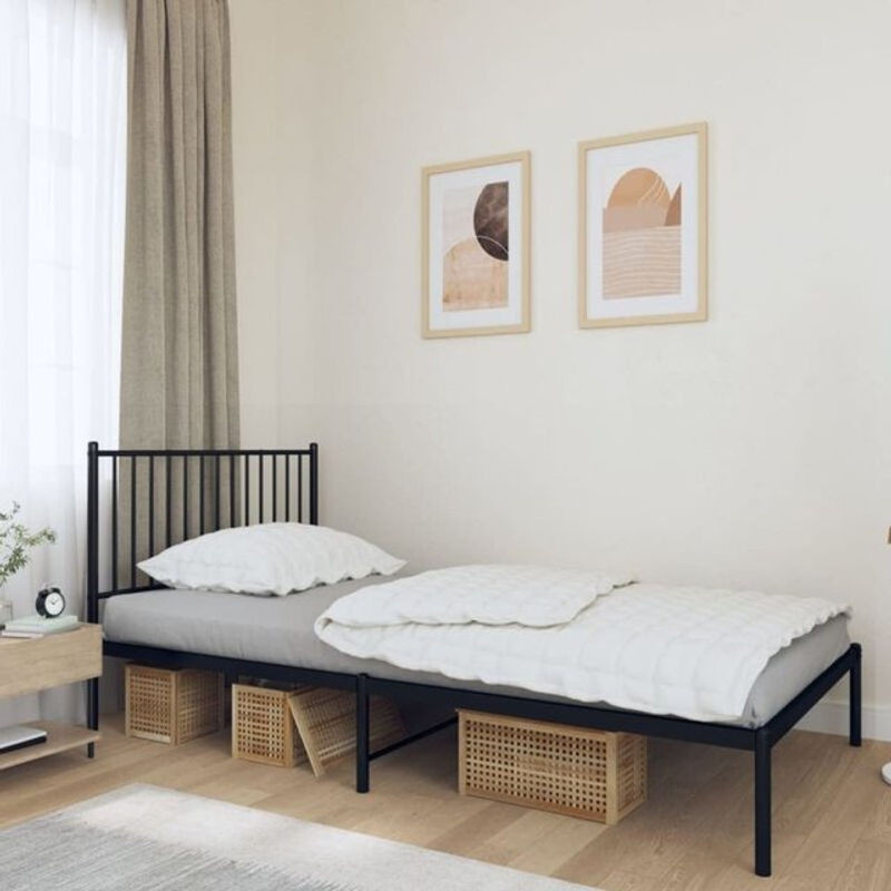 Vidaxl Metallbett mit Kopfteil in Schwarz, minimalistisches Bettgestell aus Stahl, B: 107 cm, L: 203 cm - Bild 1