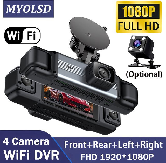 MYOLSD 4-Kanal 360-Grad Dashcam mit WLAN-App, Full HD 1080P Auto-DVR, Videorekorder inklusive Rückfahrkamera, Schwarz - Bild 1