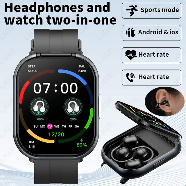 LIGE 2-in-1 Smartwatch mit Bluetooth-Clip-On-Ohrhörern und Herzfrequenzmessung in Schwarz - Bild 1
