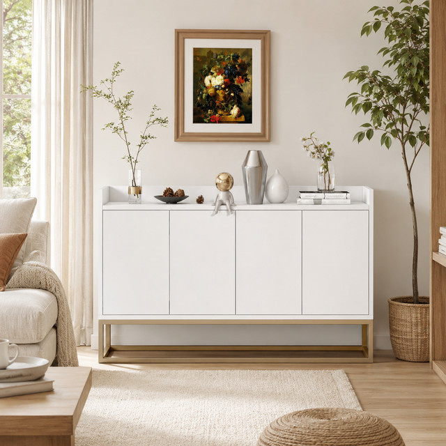 Modernes viertüriges Sideboard von HYNHXBP in Weiß mit goldenem Metallrahmen und Push-to-Open-Funktion für dein Wohnzimmer - Bild 1