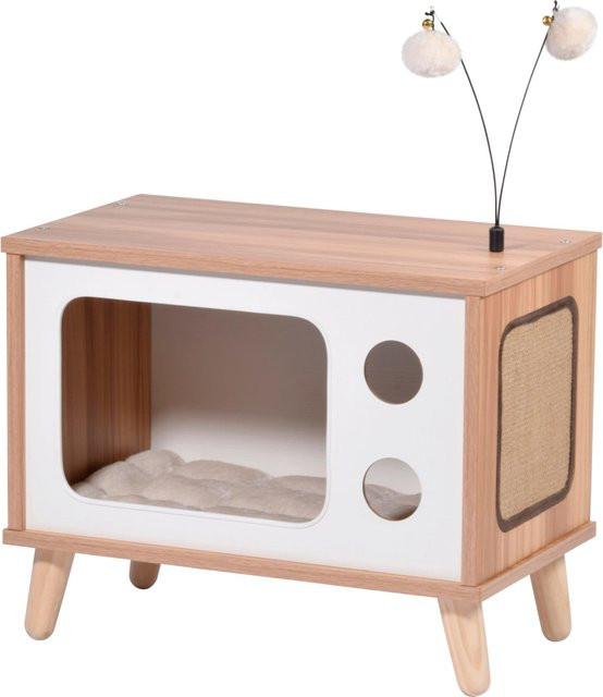 Dobar Katzenhöhle im TV-Design mit Spielbällen aus Holz und Plüsch, Braun-Weiß, B/T/H: 29 x 29 x 40 cm - Bild 1