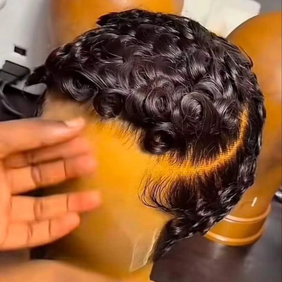 UVEOUS Pixie Cut Lockige Lace Wig, Kurze Bob-Perücke, Brasilianisches Echthaar, Schwarz - Bild 7
