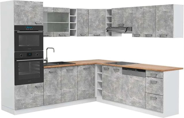 Vicco R-Line Eckküche in Beton-Optik und Weiß mit Eiche-Elementen, B/T/H: 237 x 247 x 81,6 cm - Bild 1