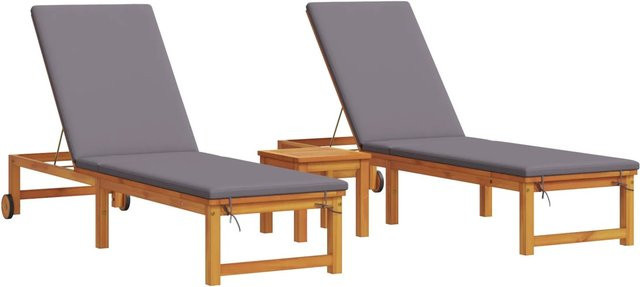 vidaXL Sonnenliegen Set aus Massivholz Akazie mit Tisch und wetterfesten Kissen in Anthrazit und Grau, 2 Stück - Bild 1