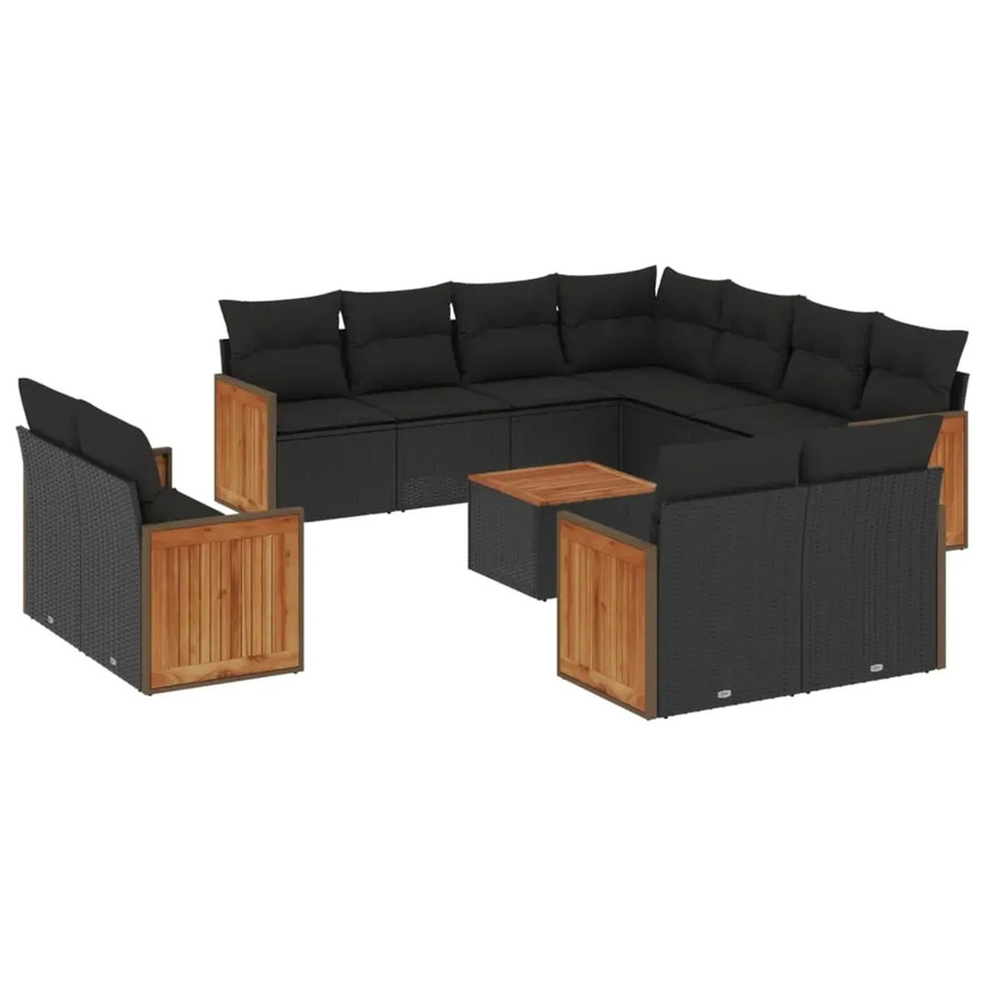 vidaXL 12-tlg. Garten-Sofagarnitur aus Poly-Rattan und Akazienholz mit Kissen, Schwarz - Bild 2