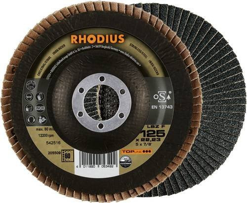 Rhodius TOPline LSZ F EXTENDED Fächerschleifscheibe für Edelstahl und Stahl, Körnung 60, Durchmesser: 125 mm, Bohrung: 22,23 mm, Farbe: Schwarz, 10 Stück - Bild 1