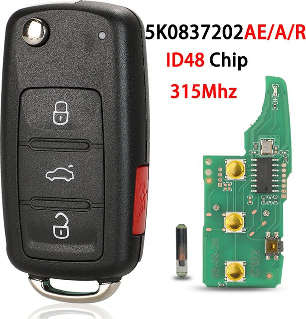 JYQ Remote Key ID48 Chip 315 MHz für VW Jetta Caddy EOS GTI Golf Passat Tiguan Touran Käfer Transporter Multivan, Schwarz - Bild 1