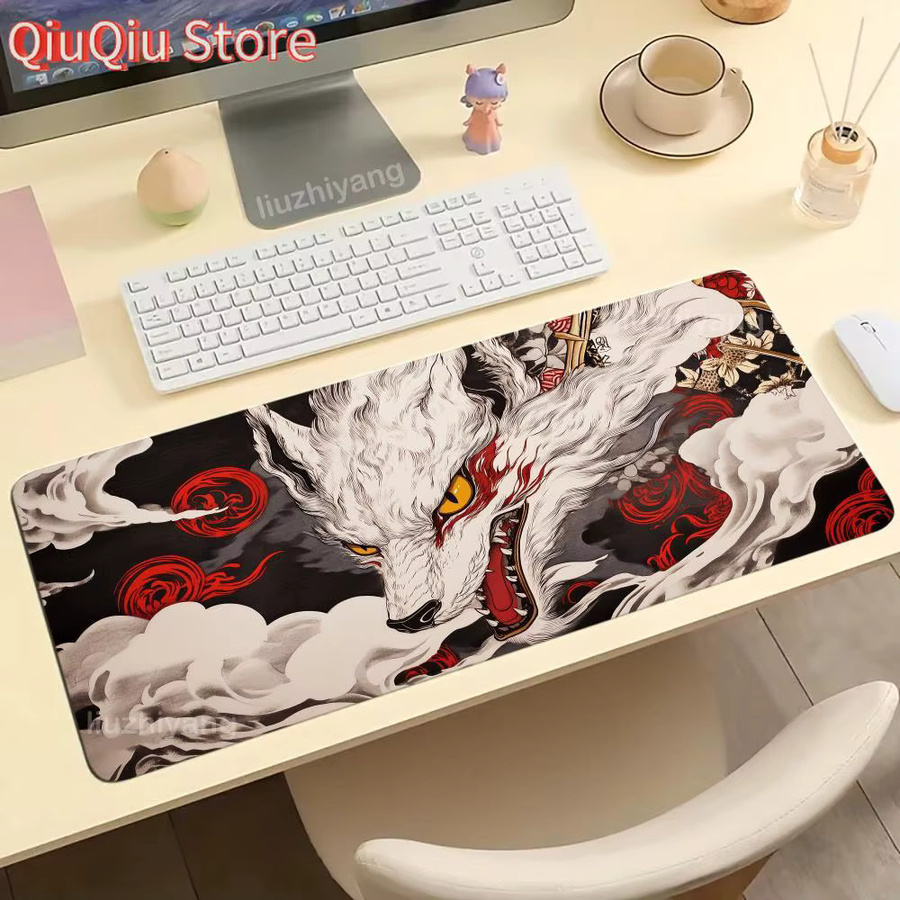 Potdemiel Mauspad mit Wolfs-Design in Multicolour, XXL Schreibtischunterlage aus Gummi mit rutschfester Unterseite und genähten Kanten - Bild 4