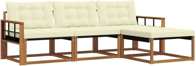 vidaXL Outdoor-Sofagarnitur aus Akazienholz in L-Form mit Polstern und Ottoman, 4-teiliges Gartenmöbel-Set in Natur und Beige - Bild 1