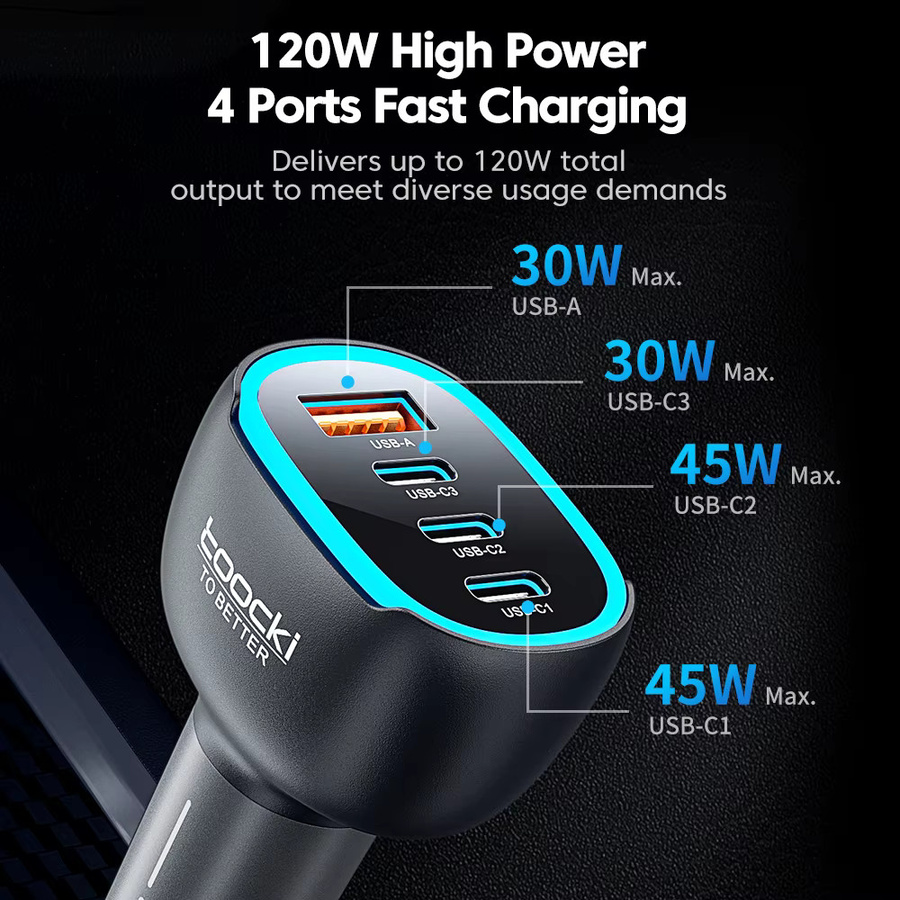 Toocki Mini-Autoladegerät mit 4 Anschlüssen und Ambientebeleuchtung in Schwarz, 120W/90W Schnellladung mit USB Typ-C für Samsung und iPhone - Bild 3