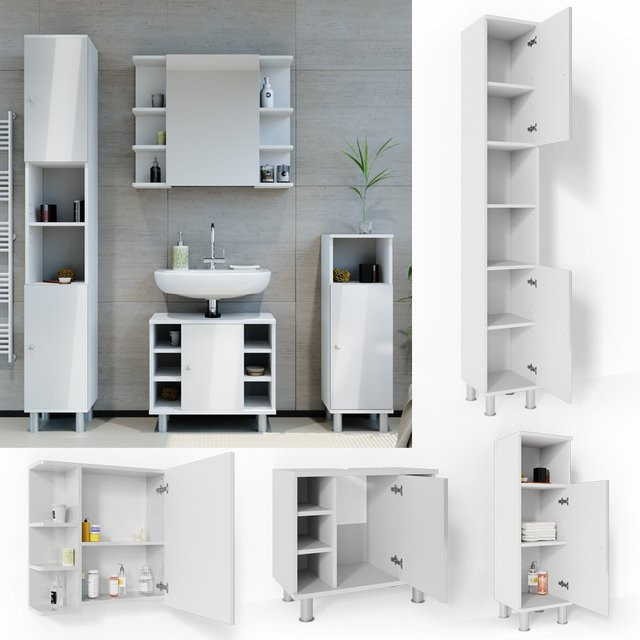 Vicco Badmöbel Set FYNN 4 Teile Weiß Hochglanz mit Badspiegel, Waschbeckenunterschrank und Badschrank - Bild 1