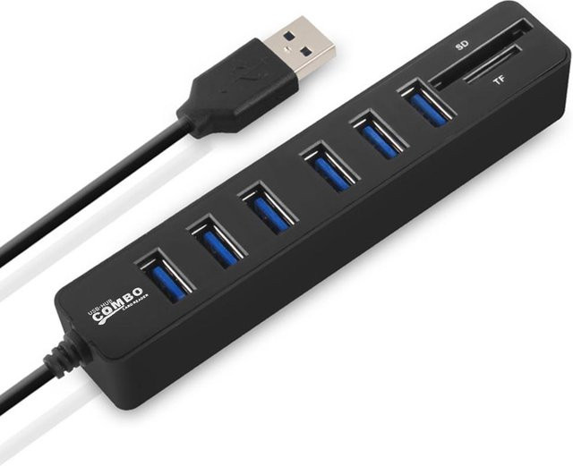 JDL-HSD8 USB-Hub-Kombi-Splitter mit 6 Anschlüssen und optionalem USB 2.0 Mini-2-in-1-SD-TF-Kartenleser in Schwarz - Bild 1