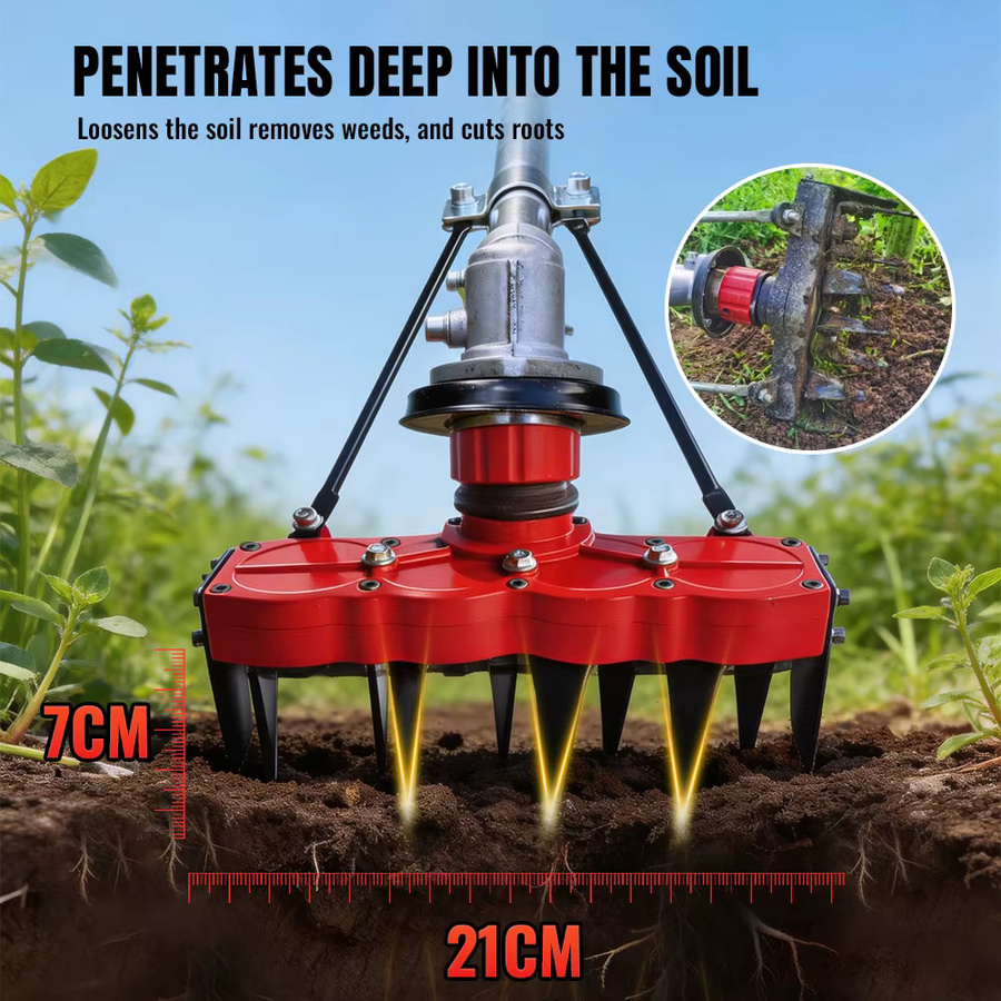 Rote Getriebe-Rotationshacke als Gartenfräse zur Unkrautentfernung und Rasenpflege - Bild 2