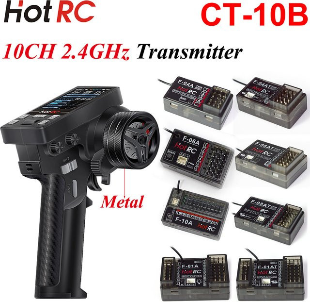 HotRC CT-10B 10CH Metall Handrad Sender mit Farbbildschirm und Gyro Empfänger für RC Auto Flugzeug Boot in Schwarz - Bild 1