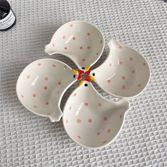 4er-Set Keramik-Gewürzplatten in Hühnerform, weiße Mini-Dip-Schalen mit Punktmuster - Bild 1